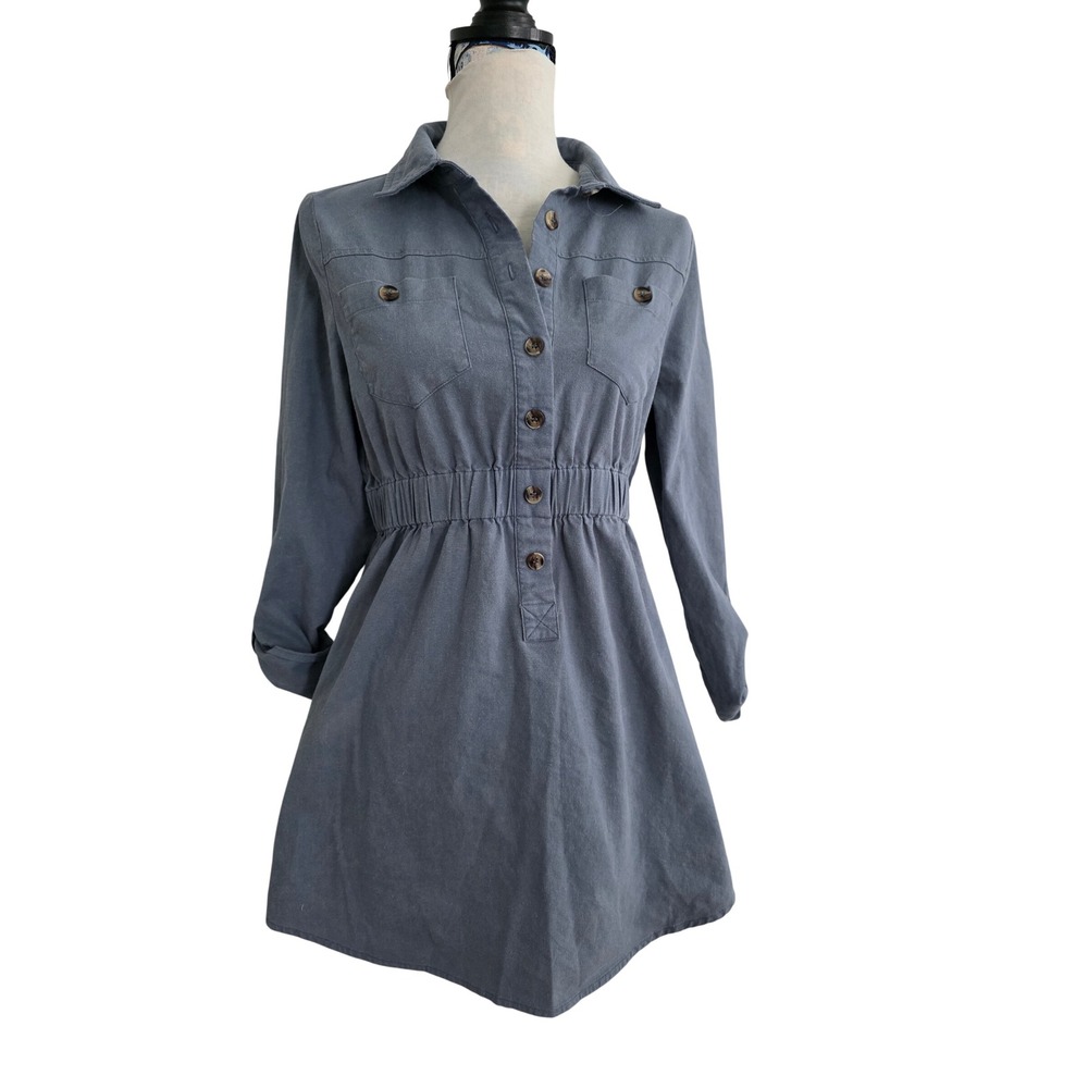 Pink Lily Slate Blue Cotton Linen Utility Shirt Dress Elastic Waist Medium